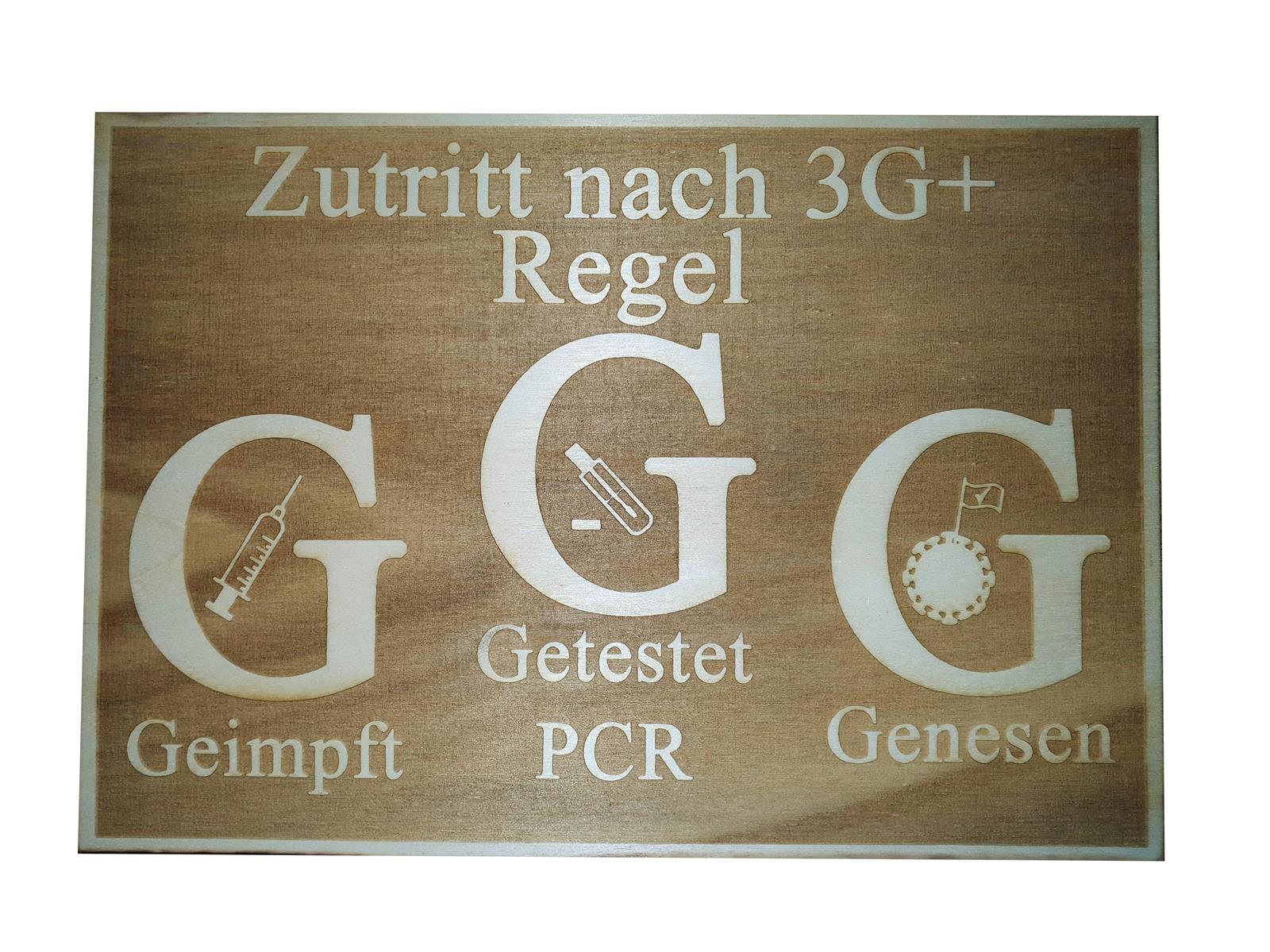 Holzschild mit den 3G-Plus-Regel 28,5cm x 20 cm