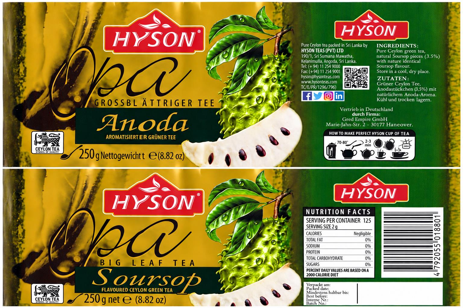 Hyson OPA Großblättrigern Gruener Tee Soursop Anoda 250 g