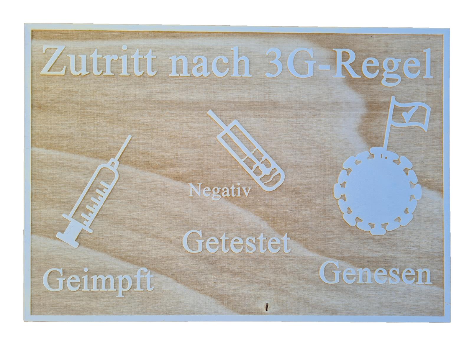 3G-Regel auf einem Holzschild 28,5cm x 20 cm