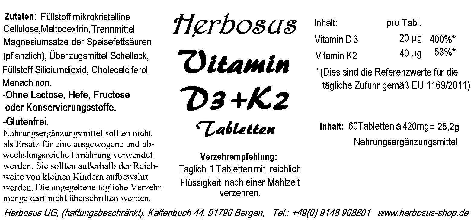 Vitamin D3 + K2 Tabletten von Herbosus