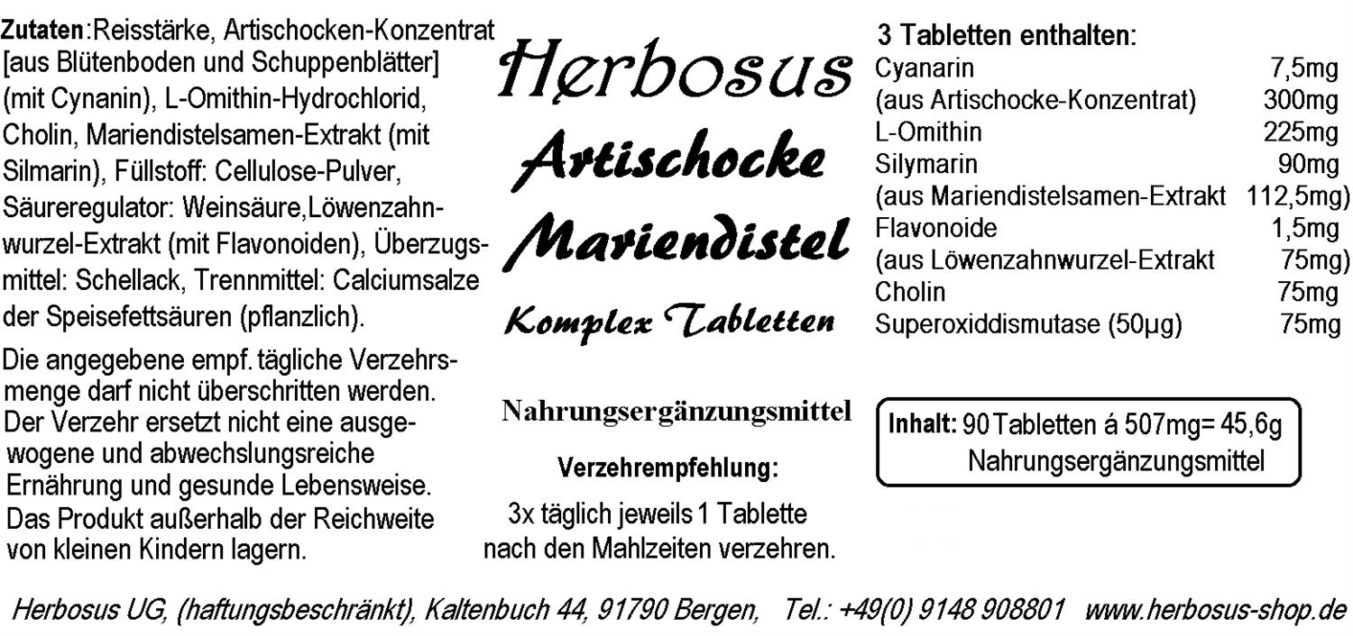 Artischocke Mariendistel Komplex Tablette von Herbosus