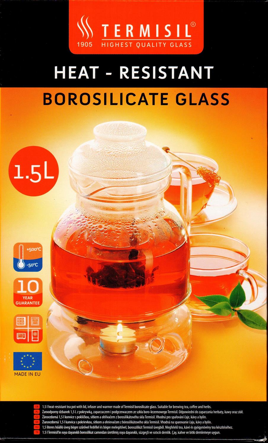 1,5L TERMISIL Glas Tee Kanne mit Stövchen Karaffe und Filter aus Borosilikat Glas